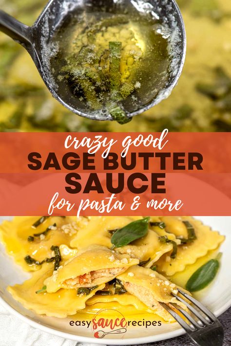 My Sage Butter Sauce is the perfect brown butter sauce for pasta, beef, chicken, and more! It's so easy to make, using just 3 ingredients and 2 simple steps. You can have this simple sage brown butter sauce ready in 5 minutes! Simple Butter Pasta Sauce, Safe Brown Butter Sauce, Safe Butter Sauce, Sage Butter Sauce For Ravioli, Brown Butter Basil Sauce, Sage Butter Sauce Recipe, Ravioli With Sage Brown Butter Sauce, Brown Butter Sage Shrimp, Brown Butter Sauce With Sage