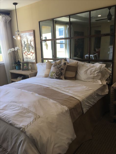 Mirrors Above Headboard, Mirror As A Headboard, Mirrors On Wall By Bed, Mirror Headboard Bedroom, Mirrors As Headboard Ideas, Mirror Bed Headboard, Bed With Mirror Headboard, Mirror Wall Bedroom Behind Bed, Mirror As Headboard