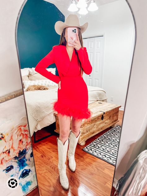 Woman in red dress and cowboy boots Red Nfr Outfit, Country Christmas Party Outfit, Christmas Cowgirl Outfit, Christmas Western Outfit, Western Christmas Party Outfit, Western Holiday Outfit, Cowboy Christmas Outfit, Red Western Outfit, Cowgirl Christmas Outfit