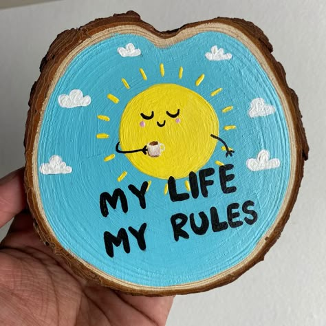 Coaster painting Wooden Slice Coasters, Painted Coasters Diy Wood Slices, Wood Coaster Painting Ideas, Painted Wooden Coaster Ideas, Cute Coasters Painting, Hand Painted Coaster Ideas, Wooden Circle Painting Ideas, Coaster Ideas Painted, Wooden Coaster Painting Ideas