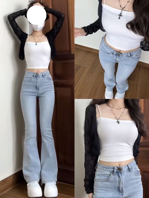 Crop Top And High Waisted Pants, Outfit Ideas Daily, Flared Jeans High Waisted, Flare Jeans Outfit Korean, High Waisted Flared Jeans Outfit, Tops With Flared Jeans, Casual Outfits Flare Jeans, Denim Flare Pants Outfit, Flare Pants Outfit Ideas