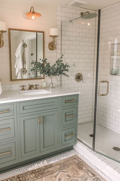 Green Bathroom Sink Cabinet, Small Bathroom Ideas Green Vanity, Cottage Feel Bathroom, Sage Green Bathroom Vanity Master Bath, Sage Green Bathroom With Black Accents, Sage Bathroom Vanity Ideas, One Tile Bathroom Ideas, Bathroom Country Modern, Green Walls Bathroom Ideas