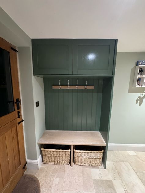 Boot store, bench seat and cupboard for entrance hall Boot Room And Office, Tiny Boot Room, Boot Cupboard, Tiny Entrance Hall Ideas, Entrance Hall Storage, Store Bench, Room Cupboard, Cloak Room, Entrance Hallway Ideas