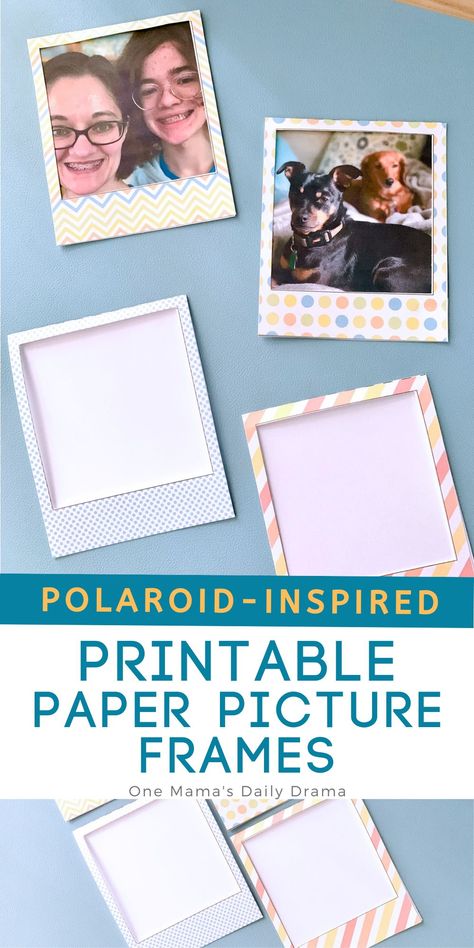 Turn any photo into art for decor and scrapbooks with a cute printable paper picture frame shaped like classic Polaroids. Colorful picture frames + templates to use with any paper. Download now at One Mama's Daily Drama. Scrapbook Photo Frame, Photo Frame Printable, Photo Frame Paper Craft, Paper Frame Template, Printable Picture Frames, Paper Frames For Pictures, Picture Frame Templates Free Printable, Make Your Own Frame, Paper Photo Frame