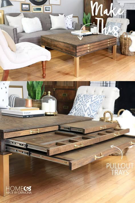 DIY Coffee Table With Pullouts - Home Made by Carmona Puzzle Tables, Puzzle Storage, Puzzle Table, Tidy Room, Coffee Table With Drawers, Table With Drawers, Tv Trays, Dream Furniture, Diy Coffee Table