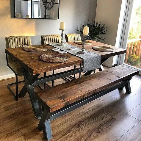 Casa Rock, Steel Dining Table, Industrial Dining Table, Industrial Coffee Table, Industrial Table, Dining Table With Bench, Dining Table Design, Oak Dining Table, Kitchen Diner