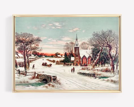 Eve Painting, Fireplace Vintage, Christmas Neutral, Artwork Kitchen, Church Painting, Winter Prints, Christmas Decor Crafts, Americana Vintage, Christmas Artwork