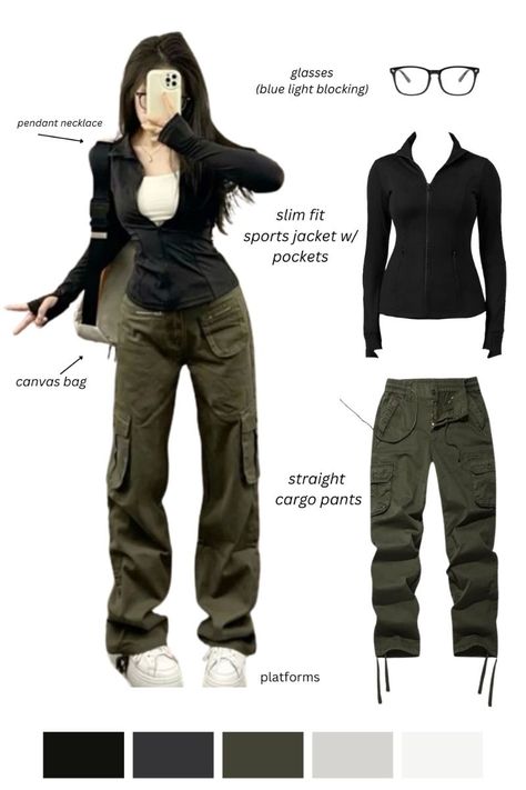 Athletic Jackets For Women, Green Cargo Pants Outfit With Jacket, Yoga Zip Up Jacket Outfit, Zip Up Sports Jacket, Acubi Cargo Pants Outfit, Fitted Zip Up Jacket, Sports Jacket Women Outfits, Track Jacket Outfit Woman, Cargo Pants With Jacket