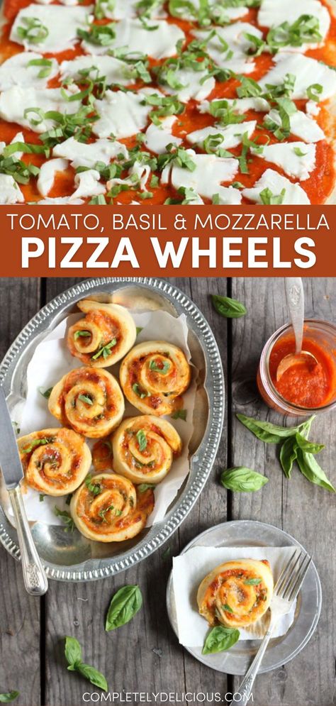 This recipe takes your favorite tomato, mozzarella, and basil pizza and rolls it up in single-serving pizza wheels. There’s nothing incredibly fancy or difficult here, just a new way to eat an old favorite. With homemade pizza dough, easy homemade marina sauce, and fresh mozzarella and basil, this recipe will be a hit! | pizza wheels pinwheels | pizza wheels recipe | pizza pin wheels | creative pizza ideas | pizza appetizers easy | pizza roll ups with pizza dough | mozzarella tomato basil recipe Pizza Pin Wheels, Pizza Appetizers Easy, Pizza Dough Easy, Pizza Wheels, Tomato Basil Recipes, Mozzarella Tomato Basil, Party Food Dishes, Tomato Basil And Mozzarella, Pizza Roll Ups