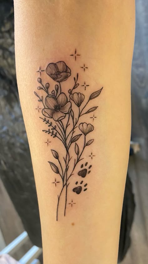 Tattoo Flowers Paws Dog Lily Tattoo With Paw Print, Labrador Flower Tattoo, Flower Tattoo With Paw Print, Dachshund Flower Tattoo, Flower Bouquet With Dog Paw Tattoo, Arm Tattoos For Women With Meaning, Flower Tattoos With Paw Prints, In Memory Flower Tattoo, Dog Print Flower Tattoo