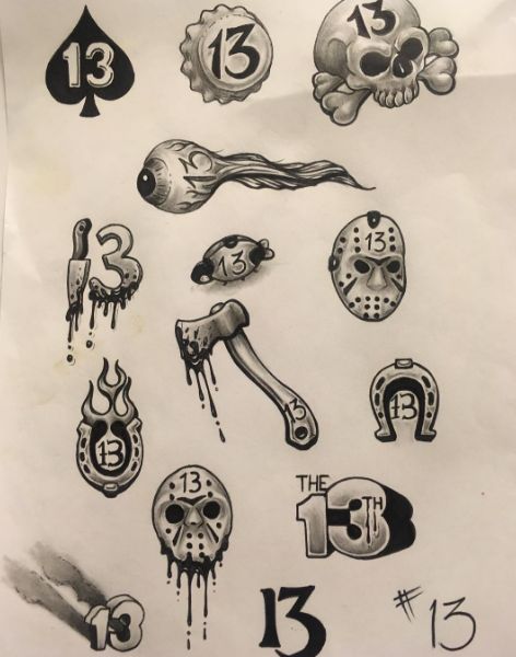 Spooky 13 Tattoos, 13 Tattoos Designs, Friday 13th Tattoo Flash Sheet, Horror Movie Flash Sheet, Flash Sheet Inspiration, October 13 Tattoo, Friday The Thirteenth Tattoo Flash, Friday The 13 Flash Tattoo, Horror Filler Tattoos