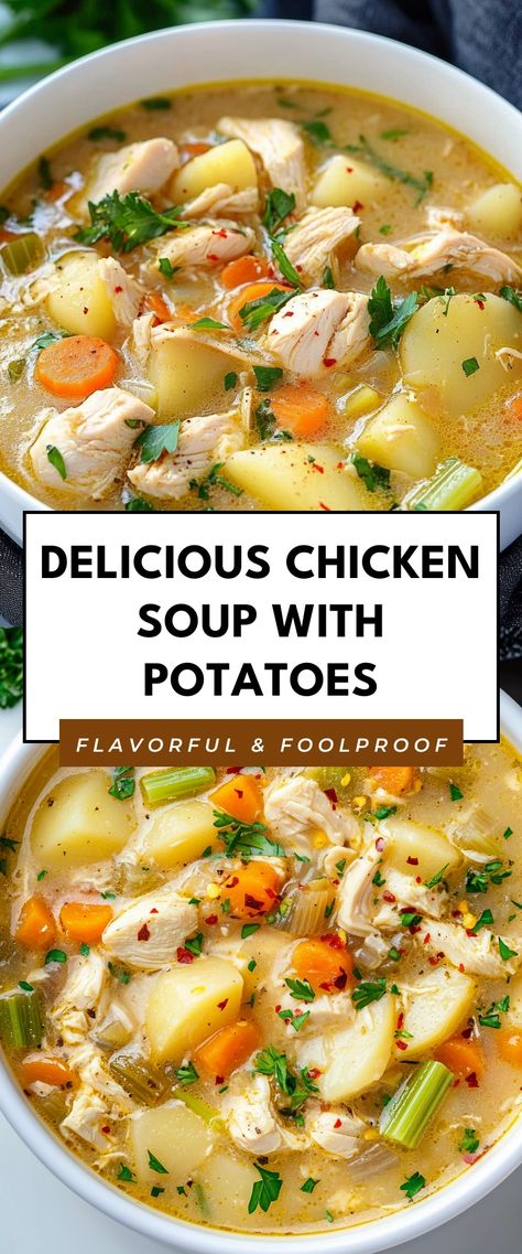 Image for Delicious Chicken Soup with Potatoes The Best Chicken Soup Ever, Soup Recipes With Vegetables, Chicken Soup Using Whole Chicken, Easy Sick Soup Recipes, Cheap Chicken Soup Recipes, Potato Chicken Soup Crock Pots, Chicken Pot Pie Soup With Potatoes, Homestyle Chicken Soup, Healthy Dinners With Potatoes