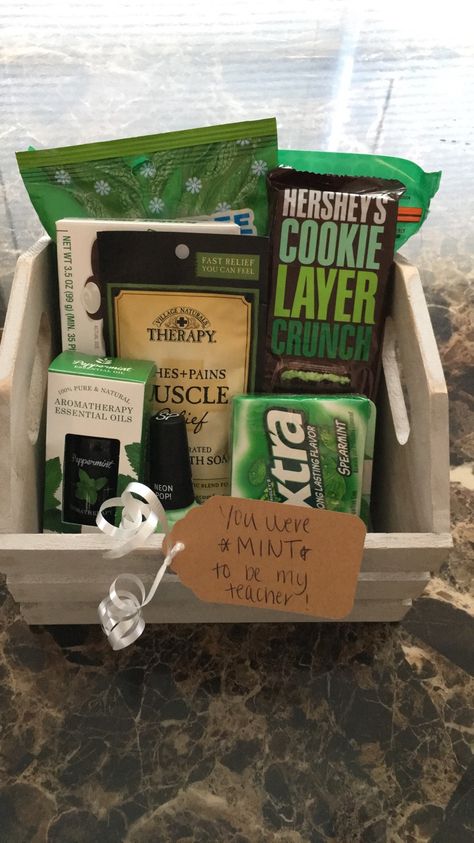 “MINT to be my teacher” teacher appreciation gift Green Teacher Appreciation Gifts, Classmate Gifts, To My Teacher, Classmates Gifts, Teacher Gift Baskets, Mint To Be, Natural Aromatherapy, School Teacher Gifts, My Teacher