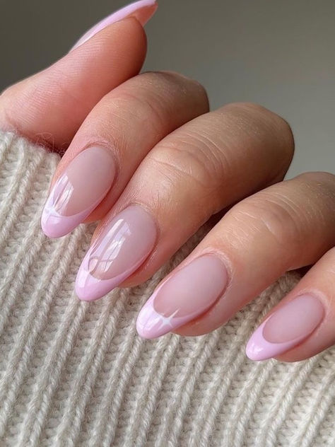 pink French tip nails: baby pink tips with a sparkle Pink Tipped Nails French, Simple Nails Pink French Tip, Natural Acrylic Nails Almond French, Pink Style Nails, Soft Pink French Manicure, Pink Monochrome French Tip Nails, Pink Tips Nails Almond Shape, Pastel Pink Nails Design Classy, Prom Nails Pink French Tip