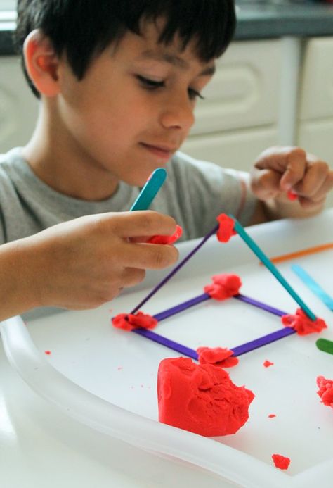 Building 2D & 3D Shapes with Craft Sticks - In The Playroom Building Structures Preschool, Buildings Theme Preschool, Shape Projects For Preschoolers, Preschool Building Crafts, Buildings Preschool Activities, Building Theme Preschool Activities, Building Activities For Toddlers, Building Crafts For Preschool, Building Activities Preschool