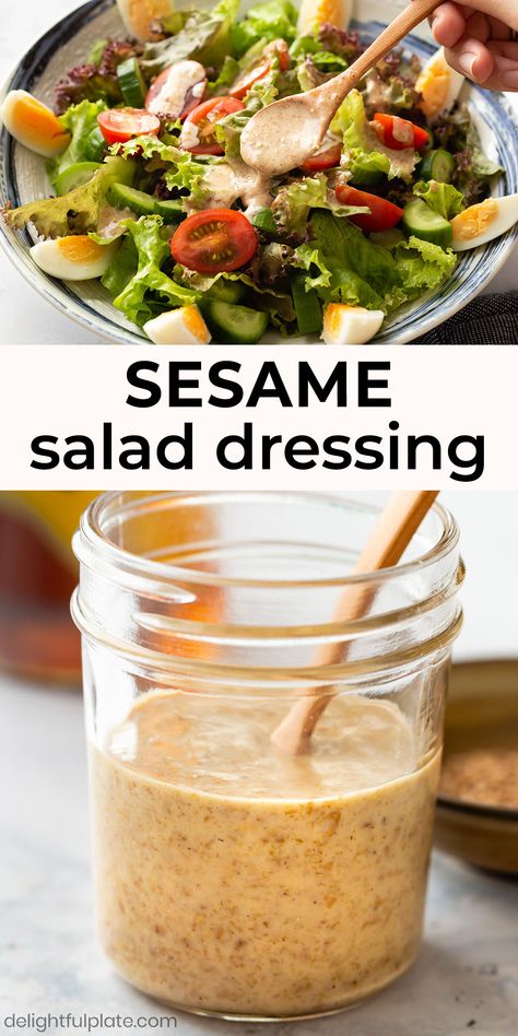 Creamy and nutty sesame dressing that takes just a few minutes to make and goes great with green salad. This healthy Japanese-style dressing will brighten your salad and add a pleasant nutty aroma. #asianrecipes #dressing #japaneserecipes Japanese Sesame Salad Dressing, Asian Salad Dressing Recipe, Japanese Salad Dressing Recipe, Japanese Salad Dressing, Sesame Dressing Recipe, Sesame Salad Dressing, Sesame Salad, Asian Salad Dressing, Japanese Salad