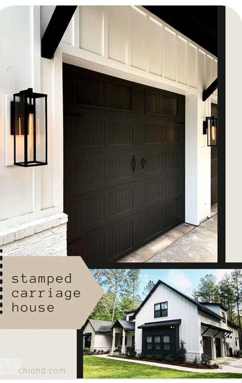 Modern Farmhouse Outdoor Lighting Garage, Carriage Lights Garage, Modern Farmhouse Garage Lights, Outside Lights On House Garage, Black Exterior Accents, Black Garage Door White House, Black Garage Doors White House, Garage Door Lights Exterior, White House Black Garage Door