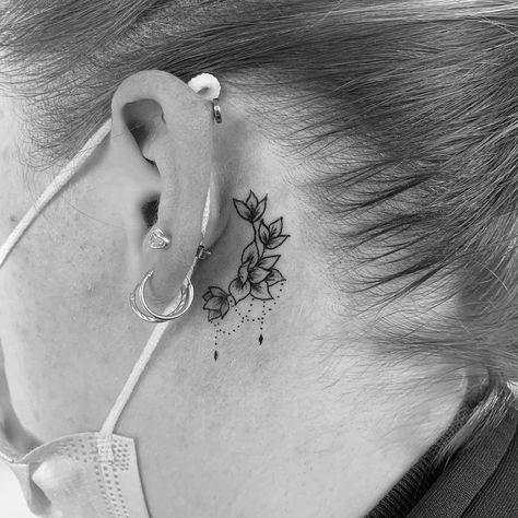 Witch Tattoo Behind Ear, Lotus Flower Ear Tattoo, Floral Behind Ear Tattoo, Flowers Behind Ear Tattoo, Behind Ear Flower Tattoo, Flower Tattoo Behind The Ear, Behind The Ear Flower Tattoo, Lotus Flower Tattoo Behind Ear, Flower Behind Ear Tattoo