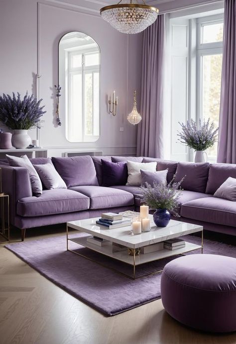 Purple Home Decor Living Room, Purple Accent Living Room, Purple Furniture Living Room, Purple Interior Design Living Room, Purple Sofa Living Room Ideas, Bloxburg Challenges, Purple Apartment Decor, Purple House Interior Ideas, Lavender Living Rooms