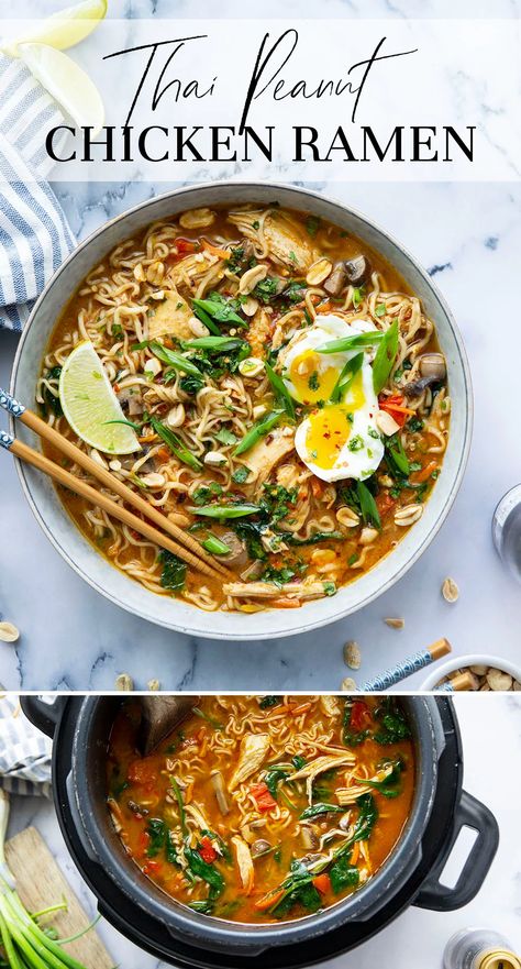 This Thai peanut chicken ramen is made in under an hour entirely in the instant pot and is amazing loaded up with all your favorite ramen toppings! Thai Peanut Chicken Ramen, Peanut Chicken Ramen, Chicken Breast Soup, Soup French Onion, Peanut Butter Ramen, Instant Pot Thai, Ramen Soup Recipes, Chicken Ramen Recipe, Sick Food