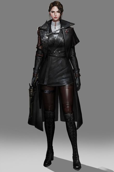 Artist: Lambo Huntress Outfit Modern, Female Rogue Outfit, Detective Outfit, Steampunk Character, Female Detective, Detective Aesthetic, Female Assassin, Blades In The Dark, Hunter Outfit