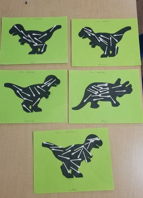 Today we talked about Dinosaur's Skeleton and made a dino's skeleton craft using Q-Tips. Dino Projects Preschool, Dinosaur Theme Art Preschool, Preschool Fossil Activities, Dino Art For Preschool, Preschool Dinosaurs Crafts, Dino Activities For Kindergarten, Dino Prek Activities, Dinosaur Craft Activities, Dino Bones Craft