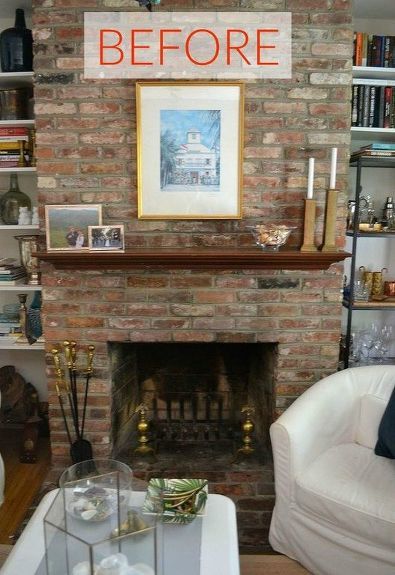 10 Gorgeous Ways to Transform a Brick Fireplace Without Replacing It | Hometalk Brick Fireplace Mantel Decor, Brick Fireplace Colors, Living Room Brick Fireplace, Brick Fireplace Mantel, Stair Photo Walls, Paint Brick Fireplace White, Living Room With Brick Fireplace, Fireplace Colors, Update Brick Fireplace