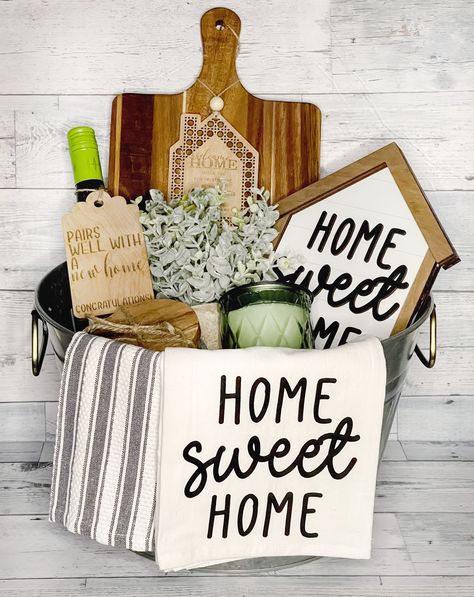 You will  like this. Diy New Home Gift Basket, Buyer Gift Baskets Real Estates, Realtor Welcome Home Basket, Real Estate Closing Gift Basket, Realtor Welcome Home Gift, Real Estate Raffle Ideas, First Time Home Buyer Gifts, Cricut Gift Basket Ideas, Housewarming Gift Diy Cricut