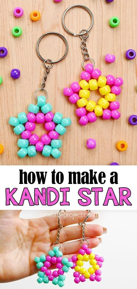 Have fun making these bright and colourful kandi stars! These pony bead stars make an adorable DIY keychain, and they're SO EASY to make! Both kids and adults will have fun making this simple pony bead craft. And you only need a few simple dollar store supplies!