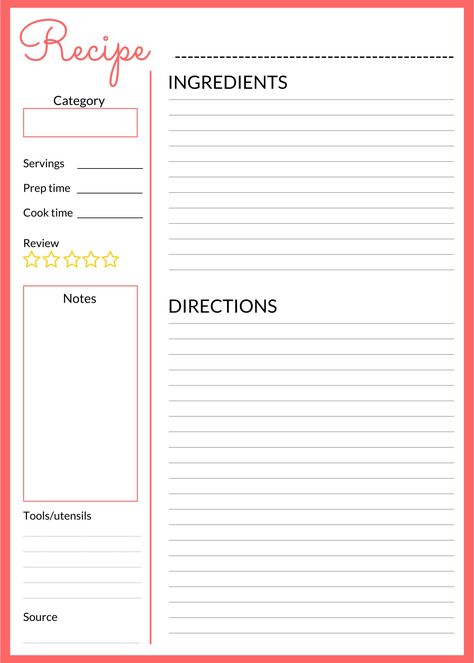 Recipe Cards Template Free, Cookbook Recipe Template, How To Read A Recipe Worksheet, Recipes Printable Free Templates, Recipe Paper Printable, Cook Book Template Free Printable, Cookbook Template Printables Free, Note Book Page Design, Recipe Blank Printable