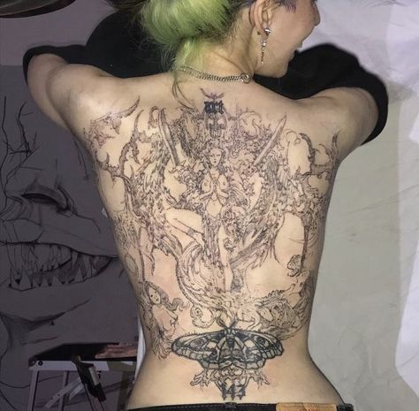 Full Back Pieces For Women Tattoo, Back Collage Tattoo, Large Back Piece Tattoo, Trash Style Tattoo, Chandelier Back Tattoo, Back Tattoo Pieces For Women, Vintage Back Tattoo, Ethereal Tattoos Back, Xix Tattoo