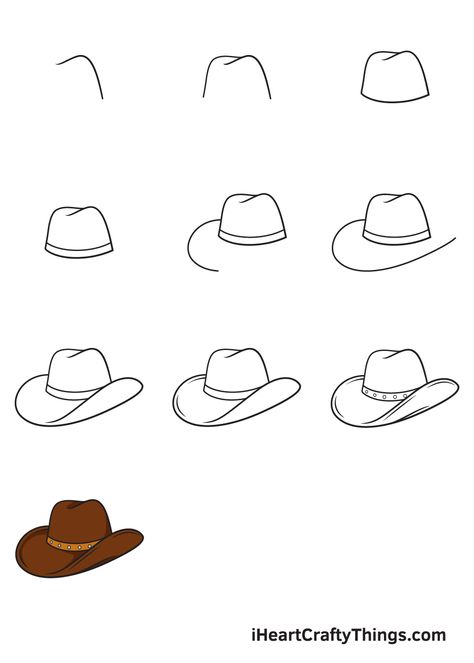 How to Draw a Cowboy Hat — Step by Step Guide Step By Step Cowboy Hat Drawing, How To Draw A Belt Buckle, How To Draw A Horse Shoe, Drawing A Cowboy Hat, Cowgirl Boot Drawing Easy, Cowgirl Hat Drawing Easy, How To Draw A Cowboy Boot Step By Step, Easy Cowboy Hat Painting, Country Drawings Easy Step By Step