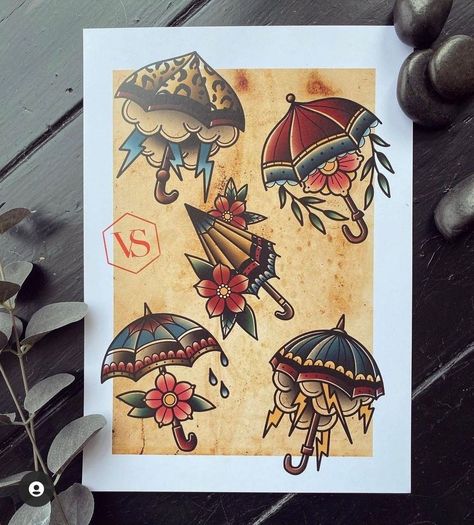 Umbrella Trad Tattoo, Traditional Tattoos Umbrella, Old School Umbrella Tattoo, Girly Old School Tattoo, Parasol Tattoo, Umbrella Tattoo Design, Traditional Umbrella Tattoo, Kite Tattoo, Traditional Umbrella