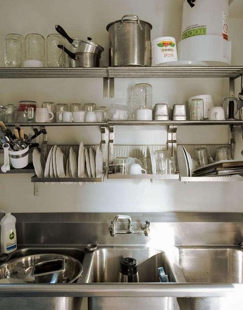 Old Is New: Table on Ten in Upstate New York - Remodelista Dish Rack Shelf, Dish Drying Rack Over Sink Kitchen Ideas, Kungsfors Ikea Hack, Dish Rack Design, Kitchen Rack Design, Kitchen Trends 2023, Kitchen Sink Drying Rack, Rack Design Ideas, Baking Studio