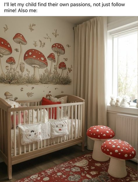 Woodland Nursery Mushrooms, Colorful Woodland Nursery, Fairy Mushroom Nursery, Nursery Ideas Painting, Woodland Mushroom Nursery, Hippie Nursery Ideas, Enchanted Nursery Theme, Mushroom Nursery Theme, Toadstool Nursery