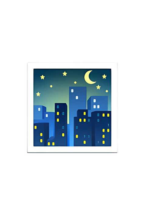 The 🌃 Night With Stars emoji depicts a dark blue or black sky with several small, white stars scattered throughout. The sky appears to be clear and the stars are twinkling. The emoji may also include a crescent moon or other celestial objects in the background. Overall, the emoji conveys a peaceful and serene nighttime atmosphere. Emoji Painting, Emoji Dictionary, Apple Emojis, Lego Hotel, Star Emoji, Geometric Photography, Ios Emoji, Icon Emoji, Blue Emoji