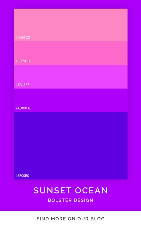 This purple and pink color palette was inspired by the ocean after a sunset. This cyberpunk and vaporwave themed color scheme is ideal for UI design, fashion and art. Color Palette Vaporwave, Vaporwave Colour Palette, Neon Purple Color Palette, Neon Pink Color Palette, Vaporwave Palette, Purple Pink Color Palette, Pink Purple Color Palette, Cyberpunk Color Palette, Vaporwave Color Palette