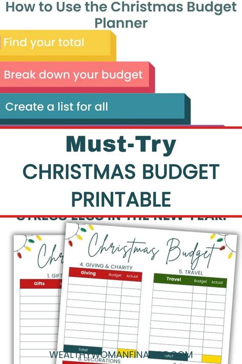 Christmas budget planner with categories for gifts, giving, travel, and a checklist. Christmas Budget Printable, Christmas Budget Ideas, Christmas Savings Plan, Christmas Savings Challenge, Ways To Budget, Hosting Christmas Dinner, Money For Christmas, Budget Worksheets, Free Budget Printables