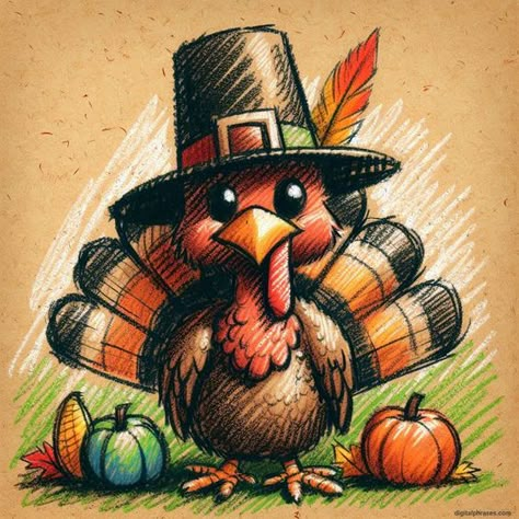 Thanksgiving Turkey Art1 Festive cartoon turkey wearing a pilgrim hat with colorful feathers, surrounded by pumpkins on a rustic background. | Sky Rye Design Cute Turkey Drawing, Thanksgiving Turkey Drawing, Pilgrim Drawing, Easy Turkey Drawing, Turkey Drawings, Turkey Clip Art, Turkey Illustration, Haunted House Drawing, Fall Drawing Ideas