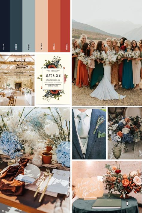 Rustic Fall Wedding Colors Colour Palettes, Fall Wedding Colors Navy And Rust, Beachy Fall Wedding, Dusty Blue And Burnt Orange Wedding Color Schemes, Fall Lake Wedding Colors, Blue Green Orange Wedding Colors, Navy And Orange Wedding Colors, Fall Wedding Color Schemes Blue, Cobalt Blue Wedding Colors