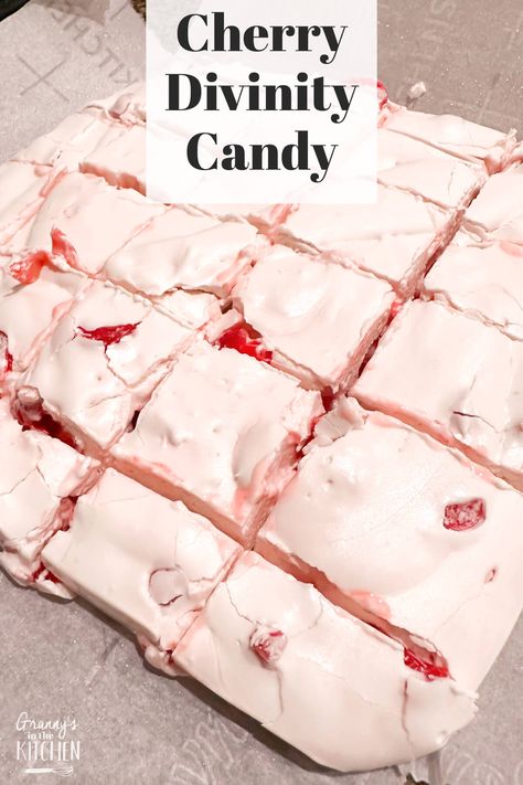 Old Fashioned Divinity Candy - Granny's in the Kitchen Jello Divinity, Cherry Divinity Recipe, Vintage Christmas Candy, Old Fashioned Candy Recipes, Jello Divinity Recipe, Old Fashioned Cinnamon Candy, How To Make Divinity Candy, Candied Cherries Recipe, Southern Divinity Candy