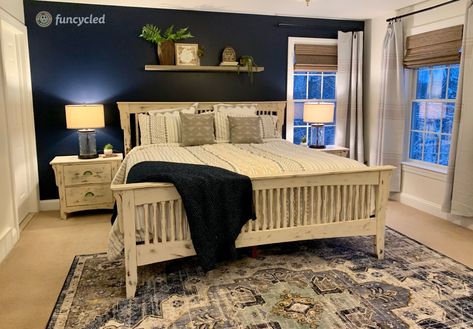 Mission Bedroom Furniture, Mission Style Headboard, Mission Style Bedroom Furniture Makeover, Painted Mission Style Furniture, Mission Style Furniture Makeover, Cream And Grey Bedroom, Mission Style Bedroom, Mission Style Beds, Farmhouse Chic Bedroom