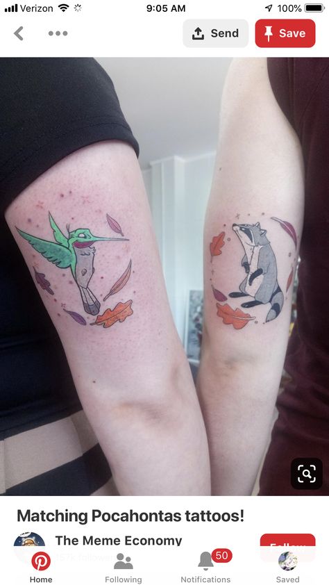 Disney Duo Tattoos, Matching Disney Tattoos For Best Friends, Disney Best Friend Tattoos, Pocahontas Tattoo Ideas, Pocahontas Tattoos, Disney Matching Tattoos, Disney Tattoos Pocahontas, Disney Leg Sleeve, Disney Sister Tattoos