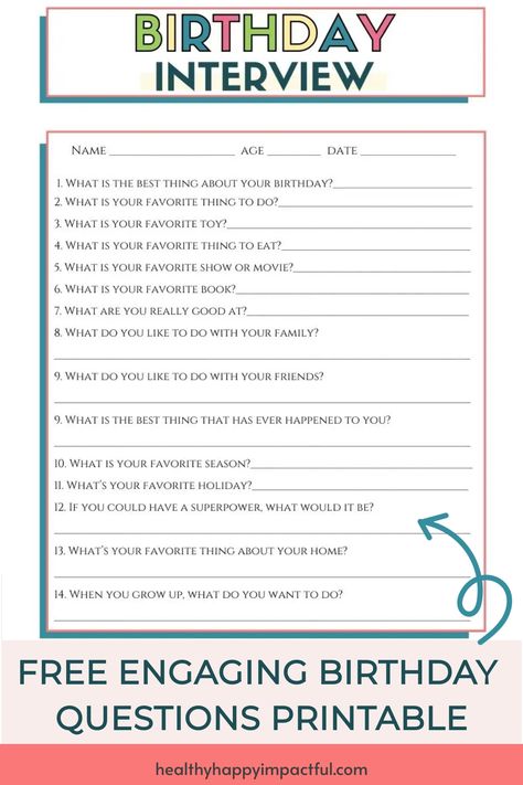 Birthday interview printable with questions about favorites, special memories, and future goals for kids to fill out. Interview Questions For Kids, Birthday Interview Questions, Birthday Ideas At Home, Birthday Questions, Questions To Ask Kids, Best Interview Questions, Birthday Trivia, Topics To Talk, Two Truths And A Lie