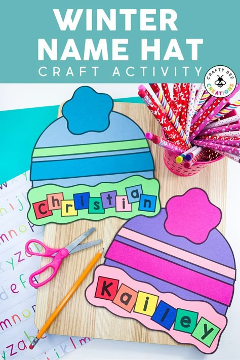 Let kids practice their name recognition and spelling with this fun winter name hat craft activity. It's great for fine motor skills and letter recognition in preschool and kindergarten students. The completed craft makes a wonderful winter bulletin board display. Preschool Name Crafts, Winter Hat Craft, Clothing Study, Winter Theme Preschool, Valentine Craft Ideas, Winter Crafts Preschool, Preschool Names, Winter Activities Preschool, January Crafts