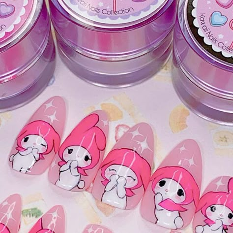 Melody Nail Art, Nail Designs My Melody, My Melody And Kuromi Nail Art, Sanrio Nails My Melody, My Melody Nail Art, My Melody Acrylic Nails, My Melody Gel Nails, My Melody Nails, My Melody Outfit