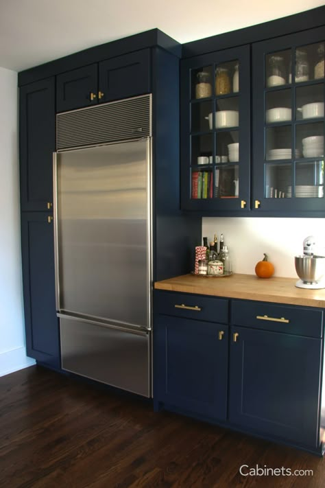 Blue Cabinets Butcher Block Counter, Blue Cabinets With Butcher Block, Kitchen With Butcher Block Counters, Navy Kitchen Cabinets, Kitchen Cabinet Liners, Navy Blue Kitchen Cabinets, Navy Cabinets, Dreamy Kitchens, Navy Kitchen