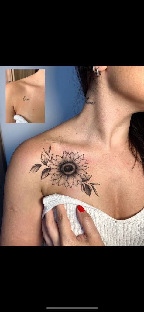 Shoulder Sunflower Tattoo, Sunflower Shoulder Tattoo, Chest Tattoo Writing, Forearm Tattoos Woman, Simple Neck Tattoos, Chest Tattoo Female Upper, Lion And Lioness Tattoo, Dj Tattoo, Feminine Shoulder Tattoos