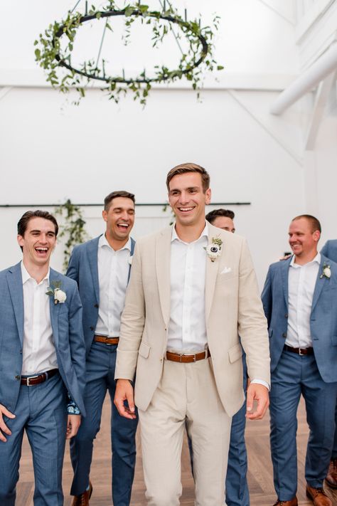 Groom And Groomsmen Attire Dusty Blue, Men’s Wedding Suits Neutral, Mens Wedding Colors, Cream Color Groomsmen, Navy And Tan Groomsmen, Classy Tuxedo Men, French Blue Wedding Groomsmen, Tan Suit Blue Shirt, Light Blue And Khaki Wedding