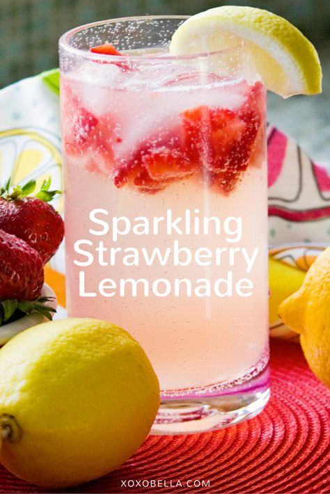 How To Make Sparkling Lemonade, Strawberry Sparkling Water Drink, Sparkling Lemonade Recipe, Sparkling Lemonade Non Alcoholic, Sparkling Drinks Non Alcoholic, Strawberry Lemonade Punch, Sparkling Water Recipes, Sparkling Strawberry Lemonade, Soda Stream Recipes